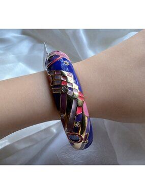 Sequin NYC Purple Pink Goldtone Rhinestone Enamel Bracelet 1" Wide Bangle NEW